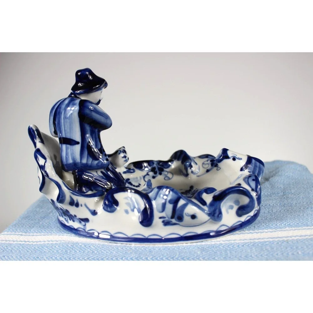 Gzhel Caviar Dish Fisherman Fish Boat Cat Waves Blue/White Porcelain Signed VTG